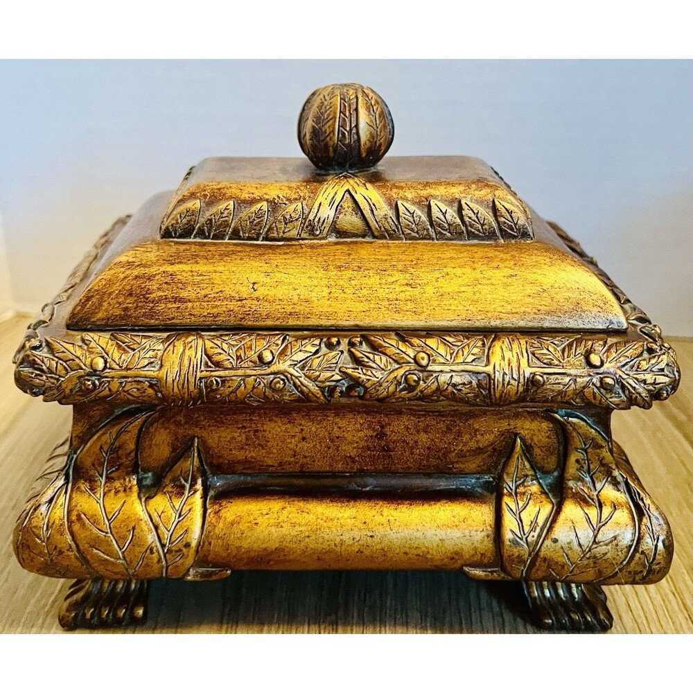 Vintage Gold Embossed Resin Rectangular Trinket Jewelry Box Footed Velvet Lining